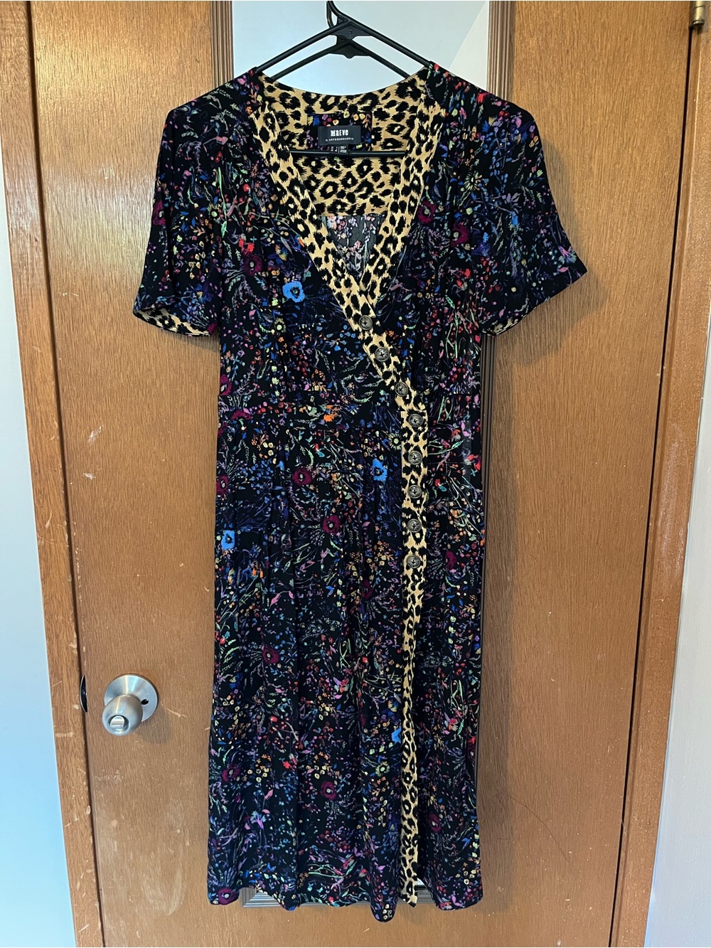 Maeve Black Floral Midi Dress with Leopard Trim